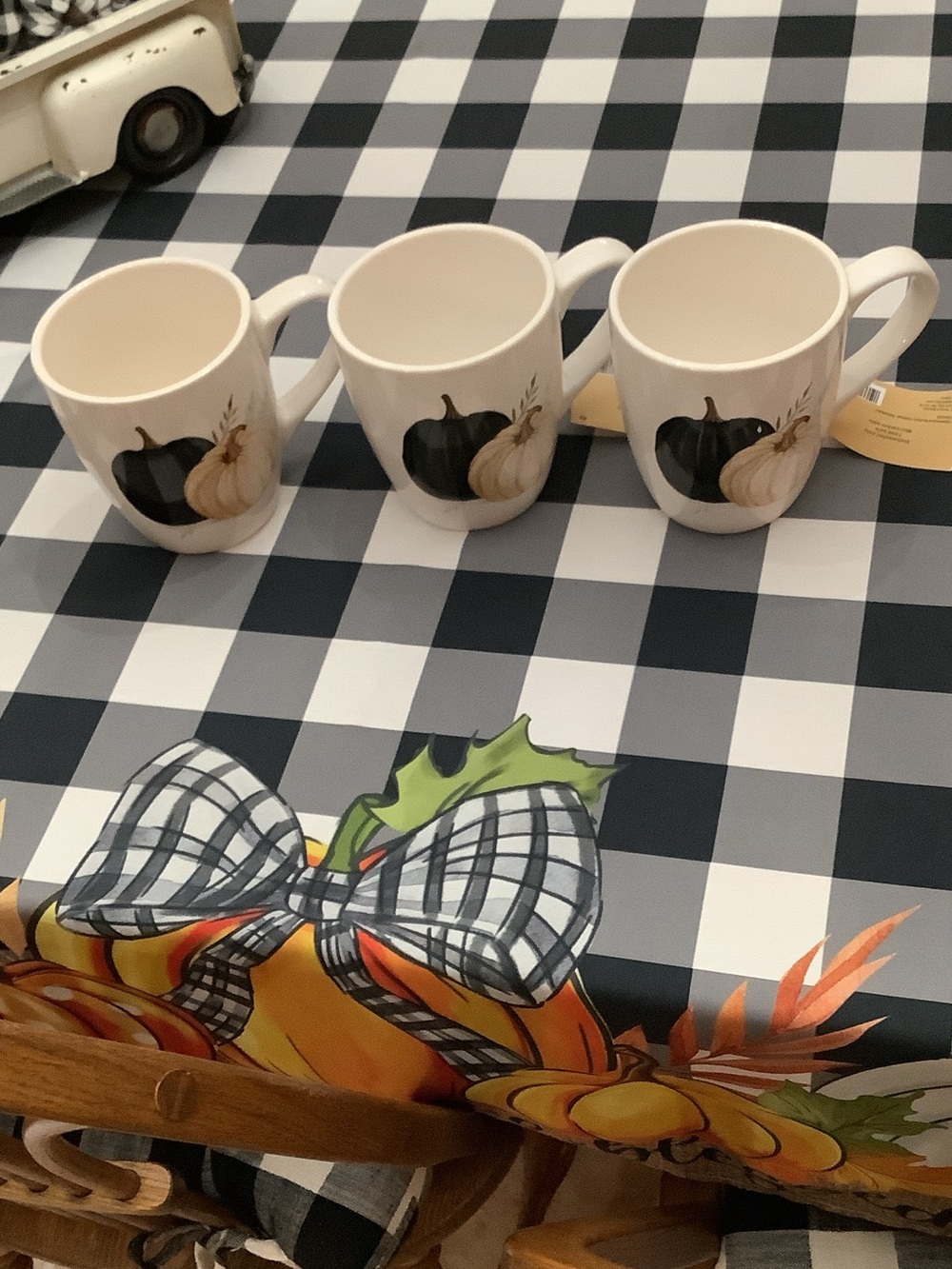 Cream Ceramic Mugs with Black & White Pumpkin Design - Set of 3 17oz